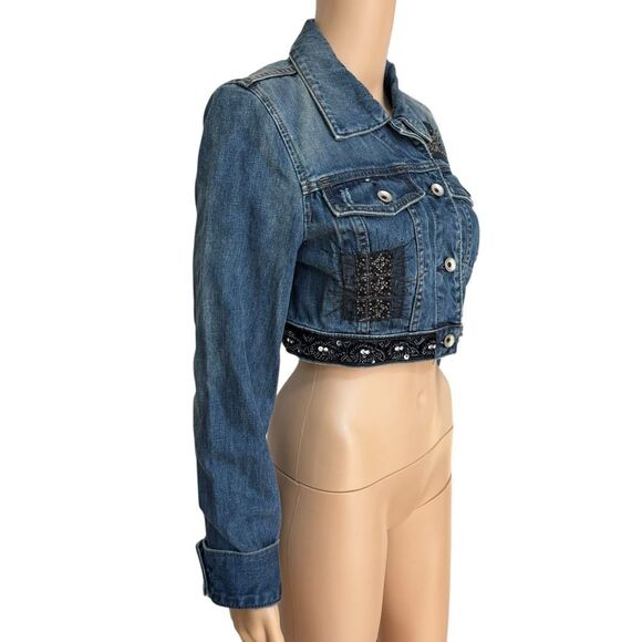 X2 Denim Laboratory Cropped Blue Jean Jacket Embellished Beaded Embroidery Sz M - Picture 2 of 8
